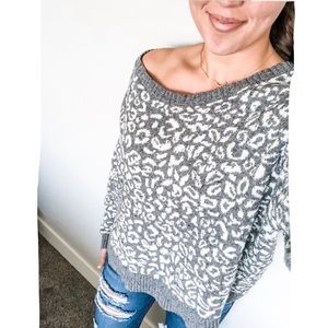 Free People Off Shoulder Leopard Sweater